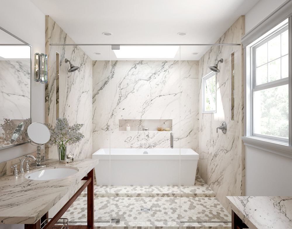 Daltile Bathroom design with walk in glass shower, tiled walls and shower floor, sink
